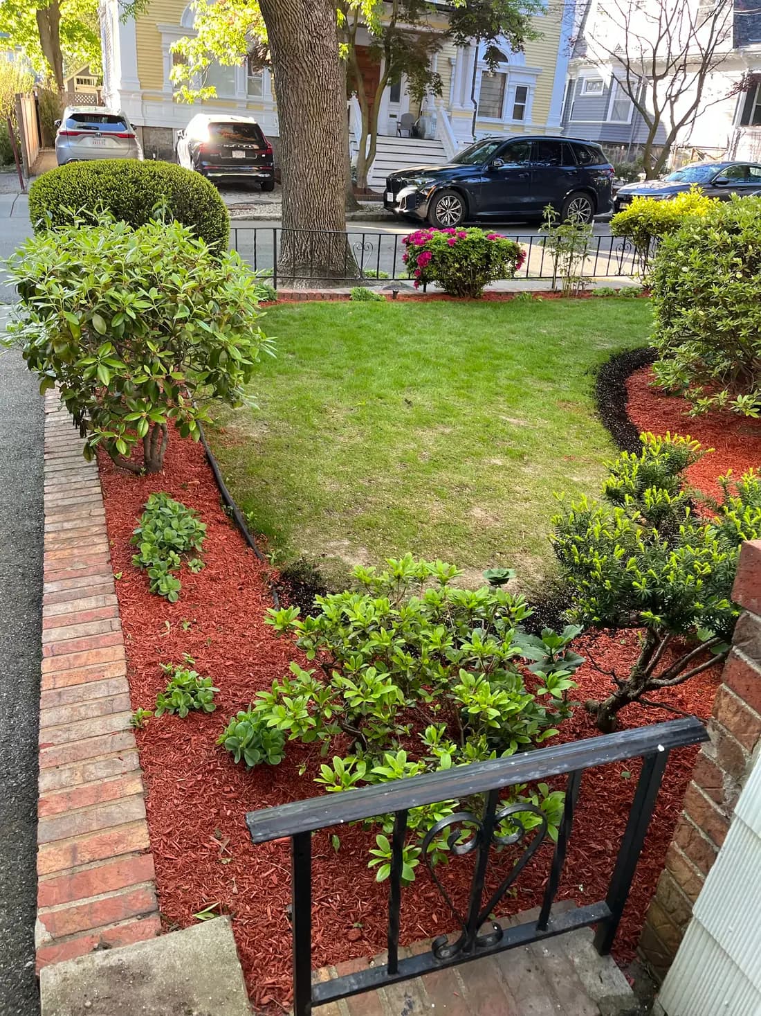 Planted borders and shaped shrubs along a brick-edged entry lawn